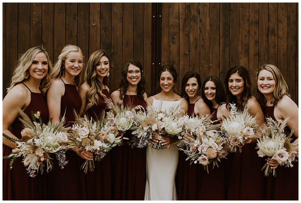 bride and bridesmaids with modern bouquets