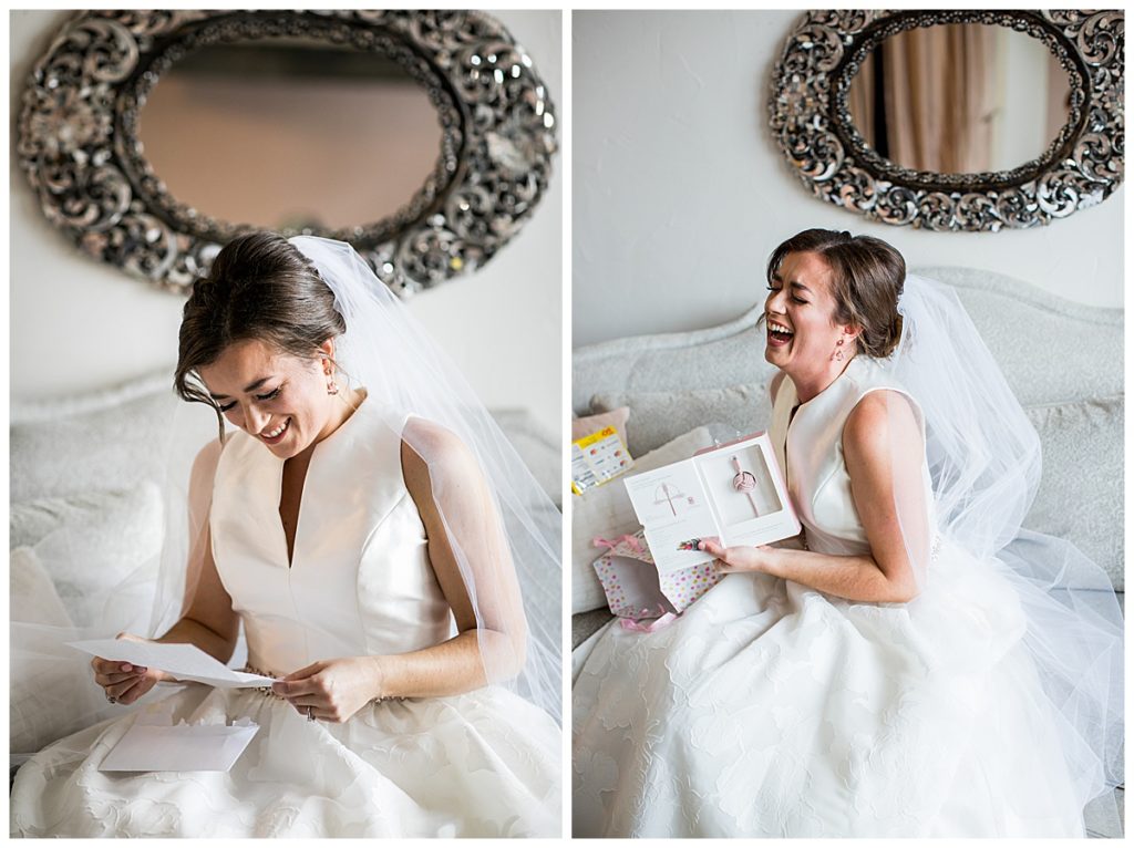bride laughing over gift in bridal suite at Park31