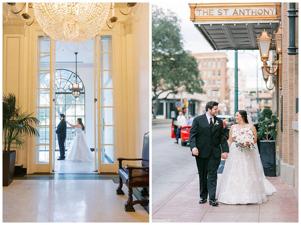 bride and groom in downtown San Antonio