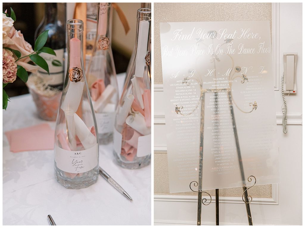message in a bottle sign-in book and custom acrylic seating chart