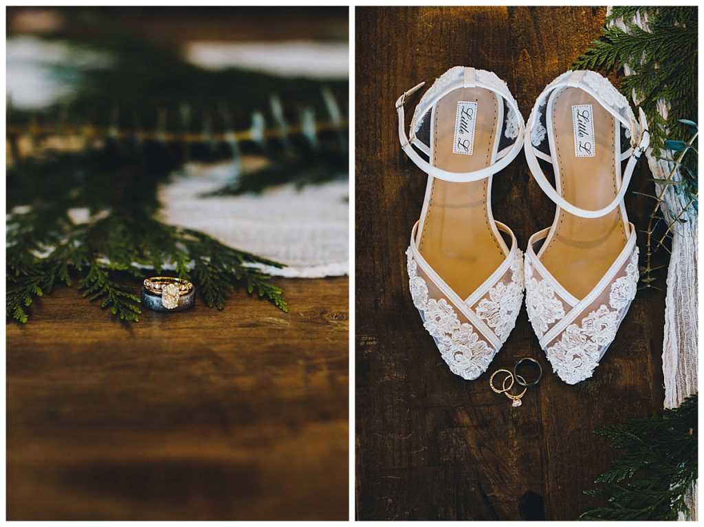 bridal details including shoes and rings and flowers