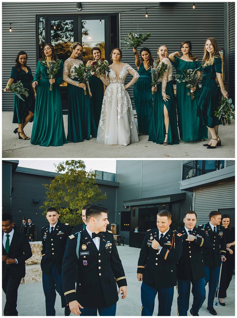 bride and bridesmaids pose and groom and groomsmen pose in texas wedding