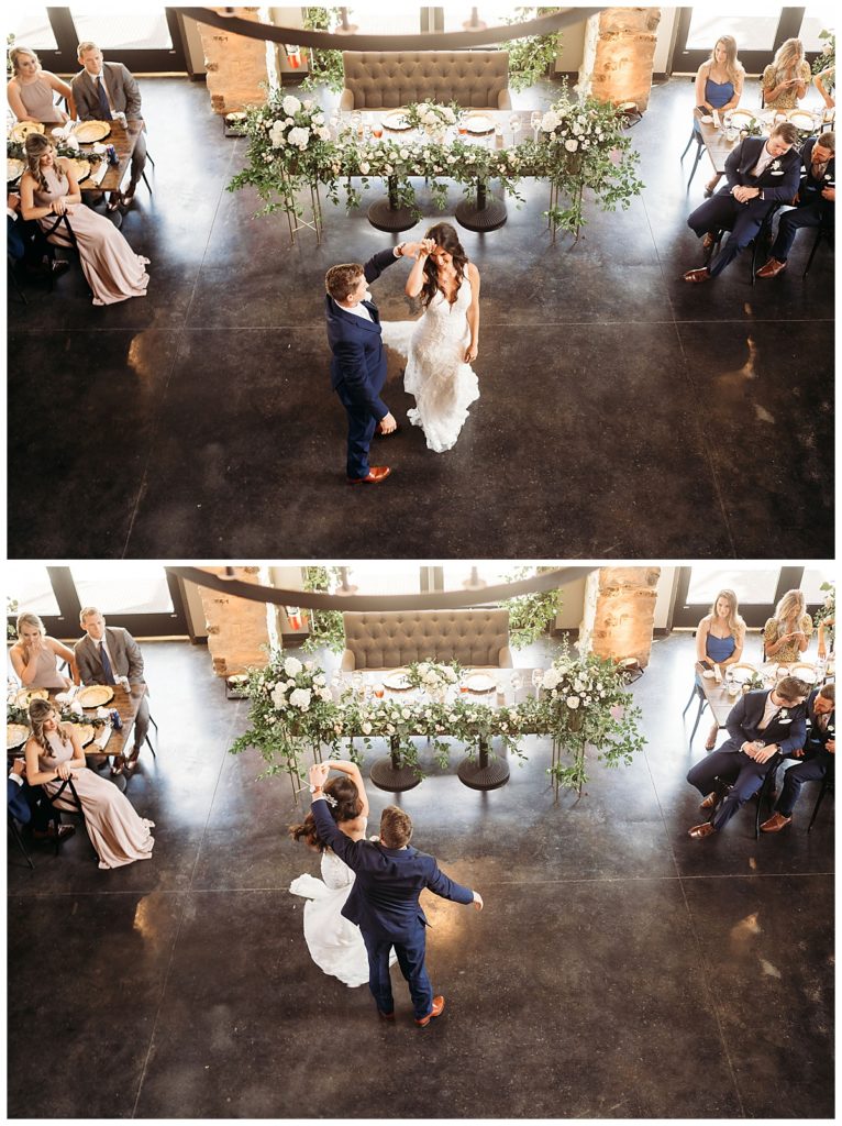 aerial view of bride and groom first dance