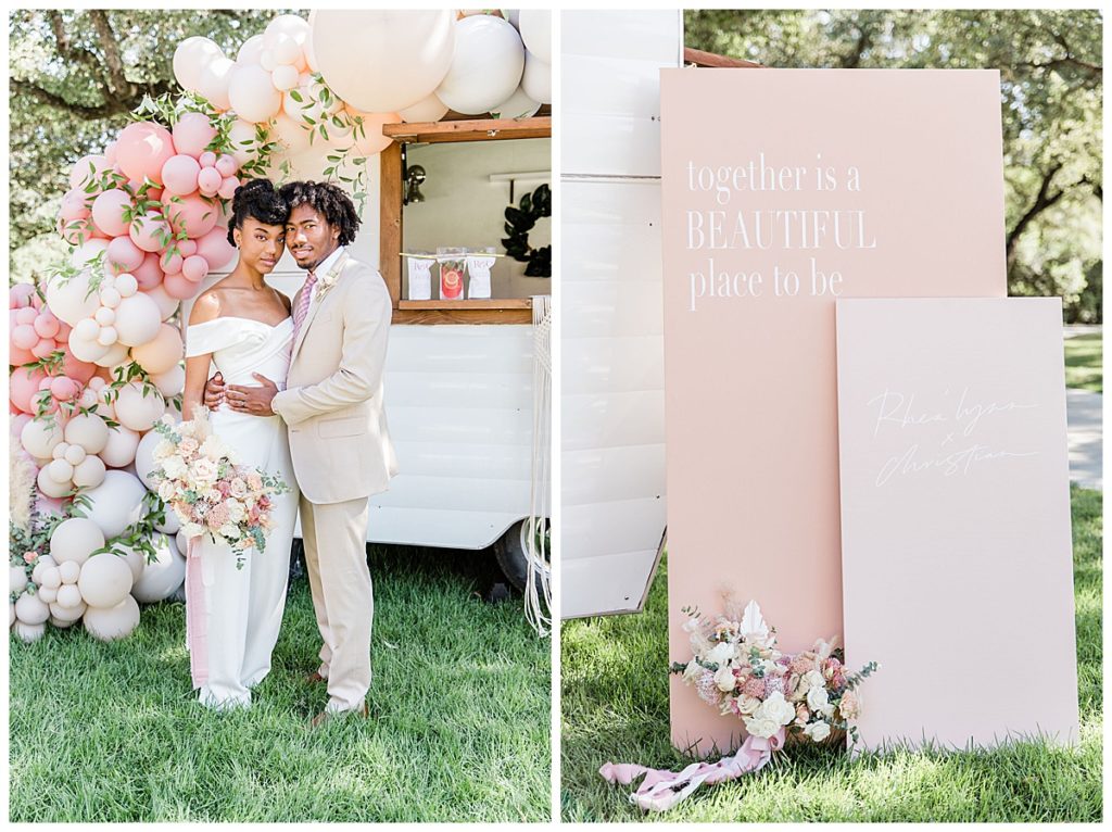 bride and groom in front of mobile bar, pink wedding decor