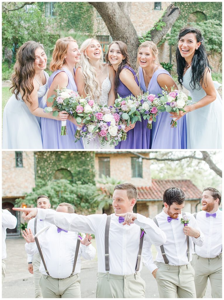 bride laughing with bridesmaids in purple dresses