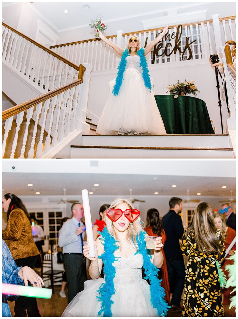 bride dressed up in feather boa dancing at wedding reception
