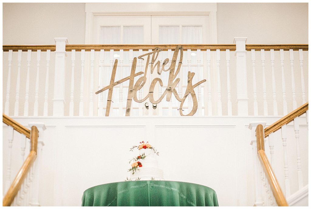 large wooden sign saying 'The Hecks' as a cake backdrop