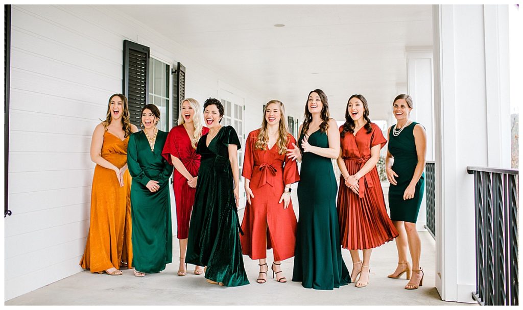colorful bridesmaid dresses for first look with bride