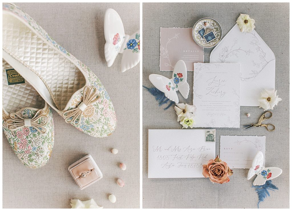 vintage bridal shoes and invitation suite