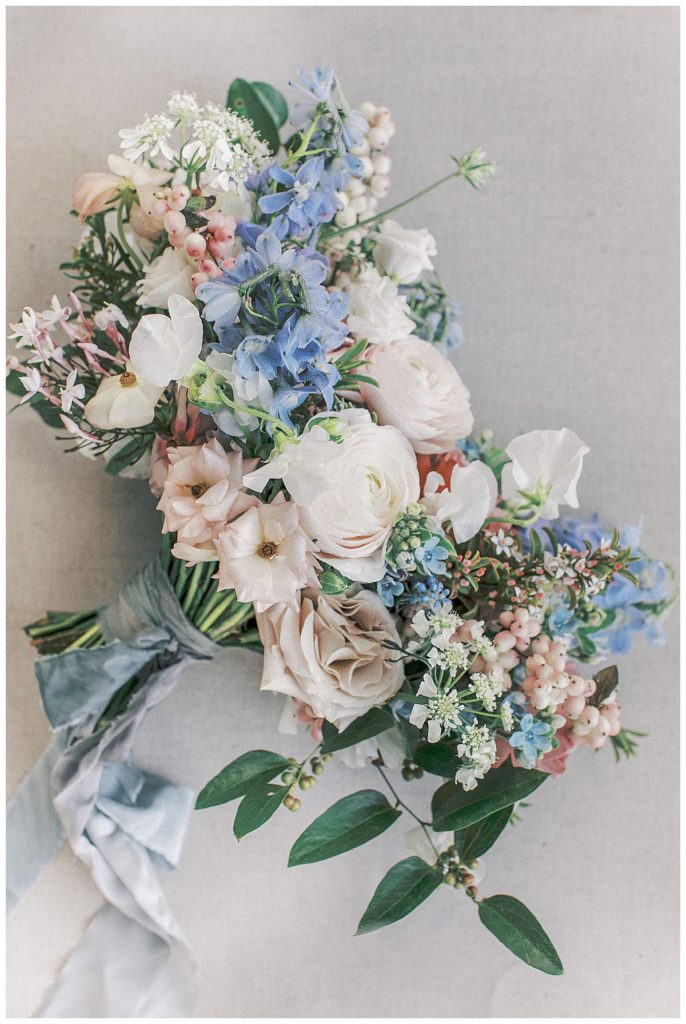 blue, white, and blush elegant bridal bouquet