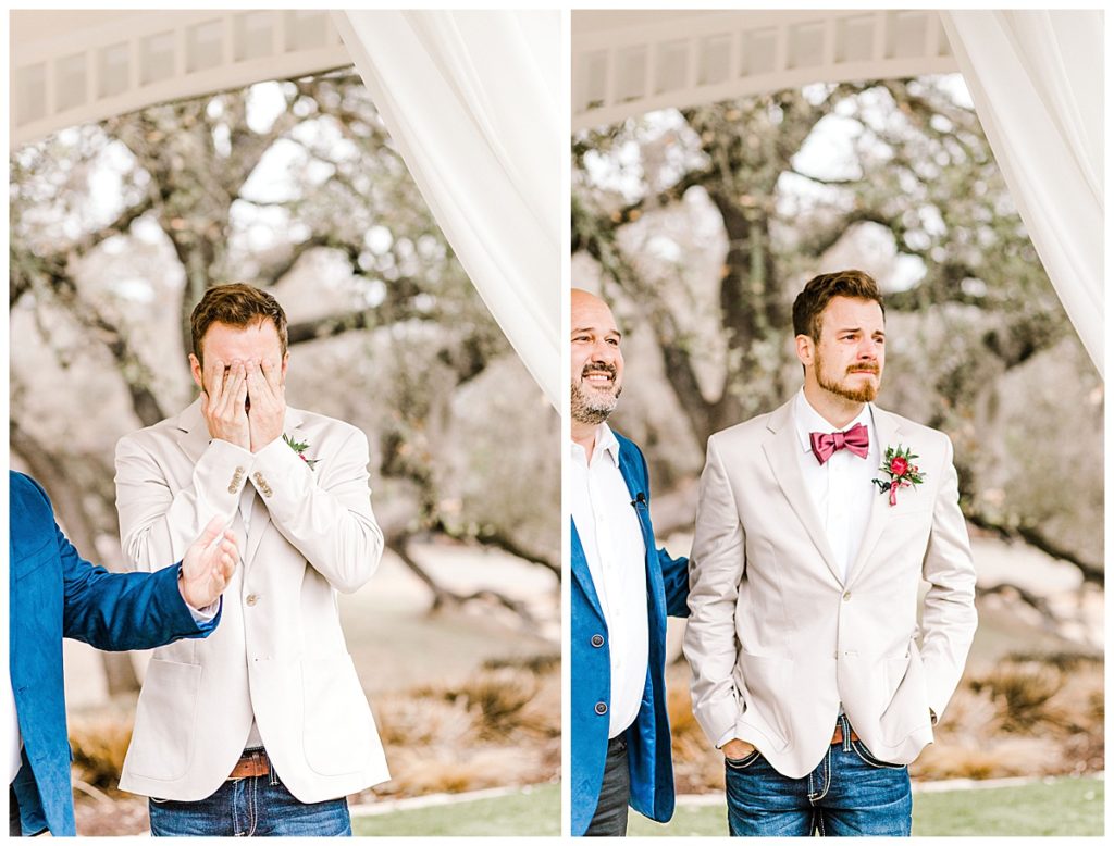 groom has emotional reaction seeing his bride walk down the aisle