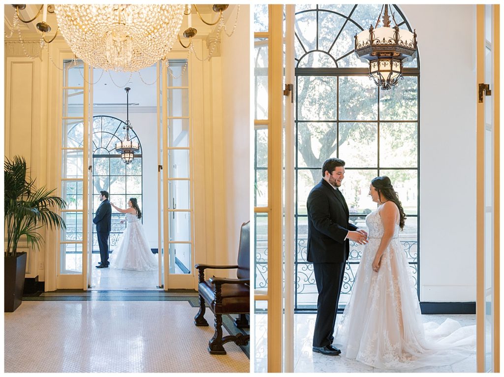 first look with bride and groom inside St. Anthony hotel