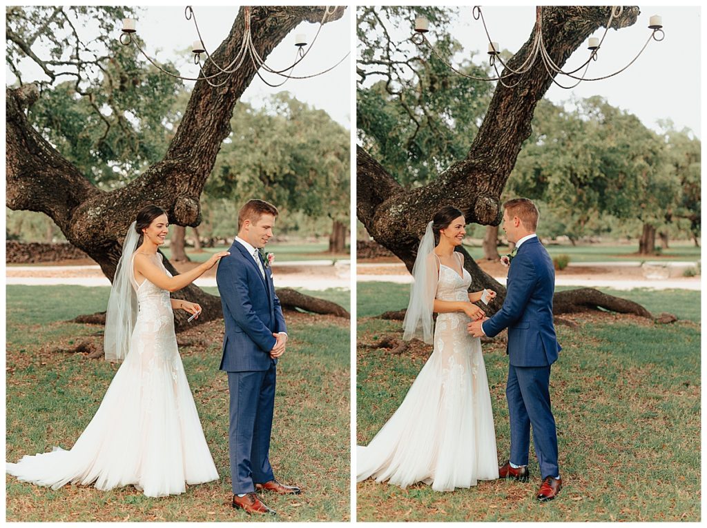 bride and groom first look at hill country wedding venue