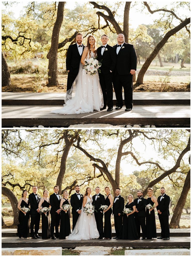 bride and groom and bridal party photo outside