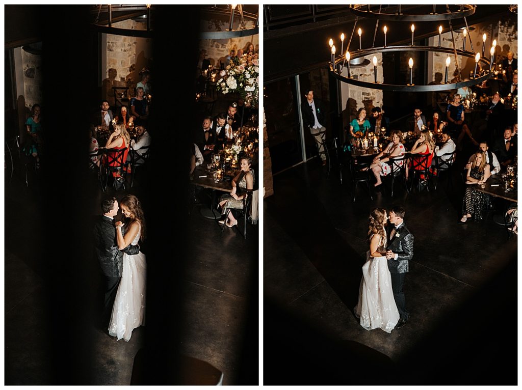 bride and groom first dance from second floor point of view