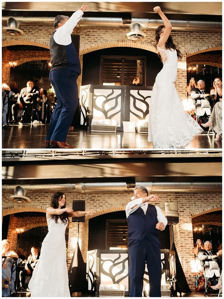 bride and dad do a fun reception dance