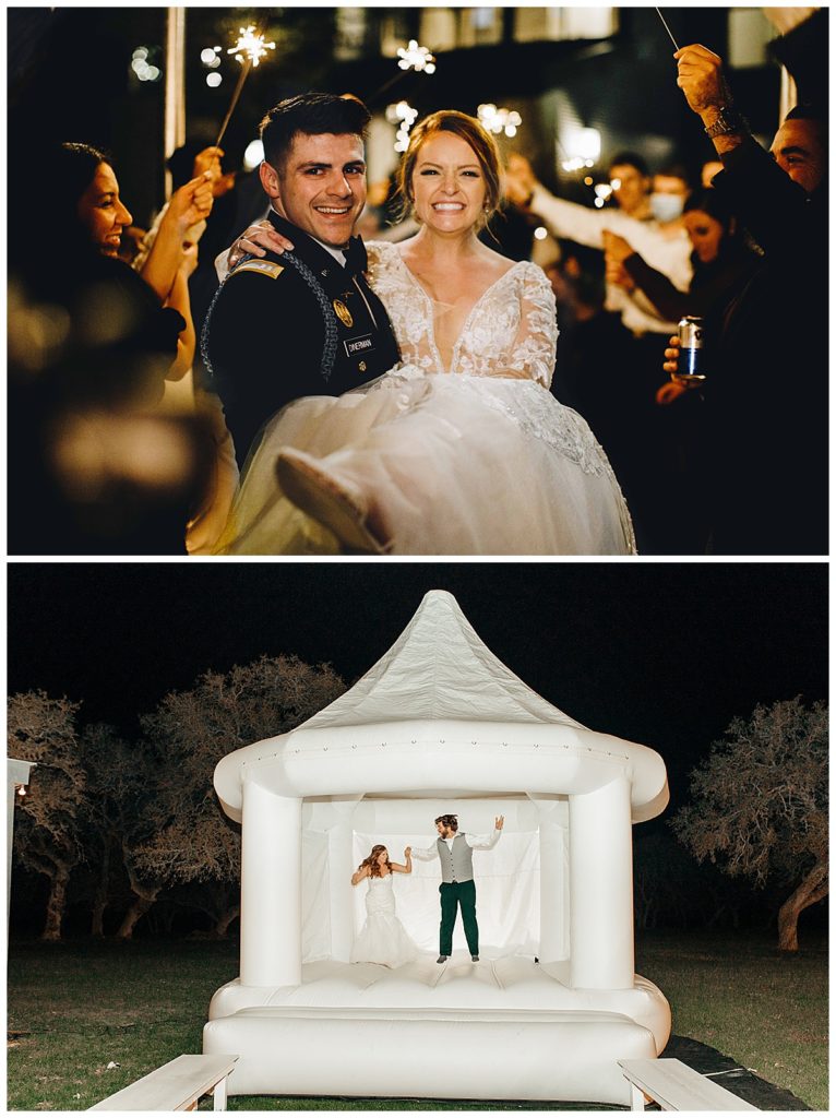 bride and groom jumping in bounce house
