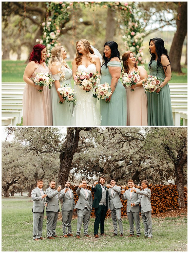 bride with bridesmaids and groom with groomsmen