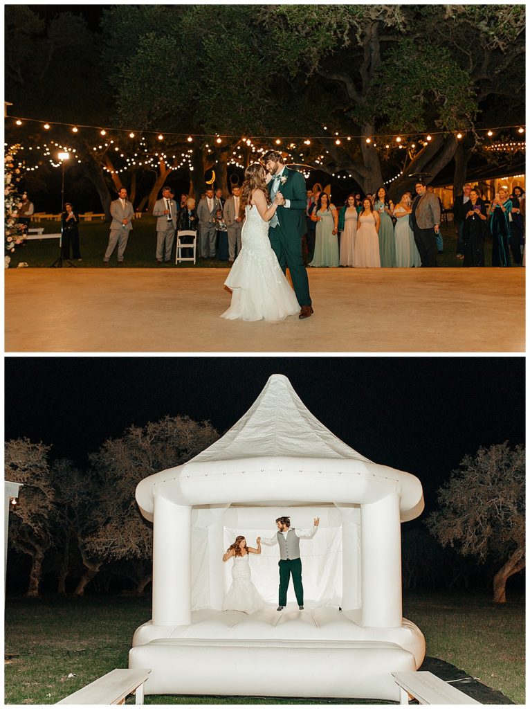 bride and groom first dance and jumping in bounce castle