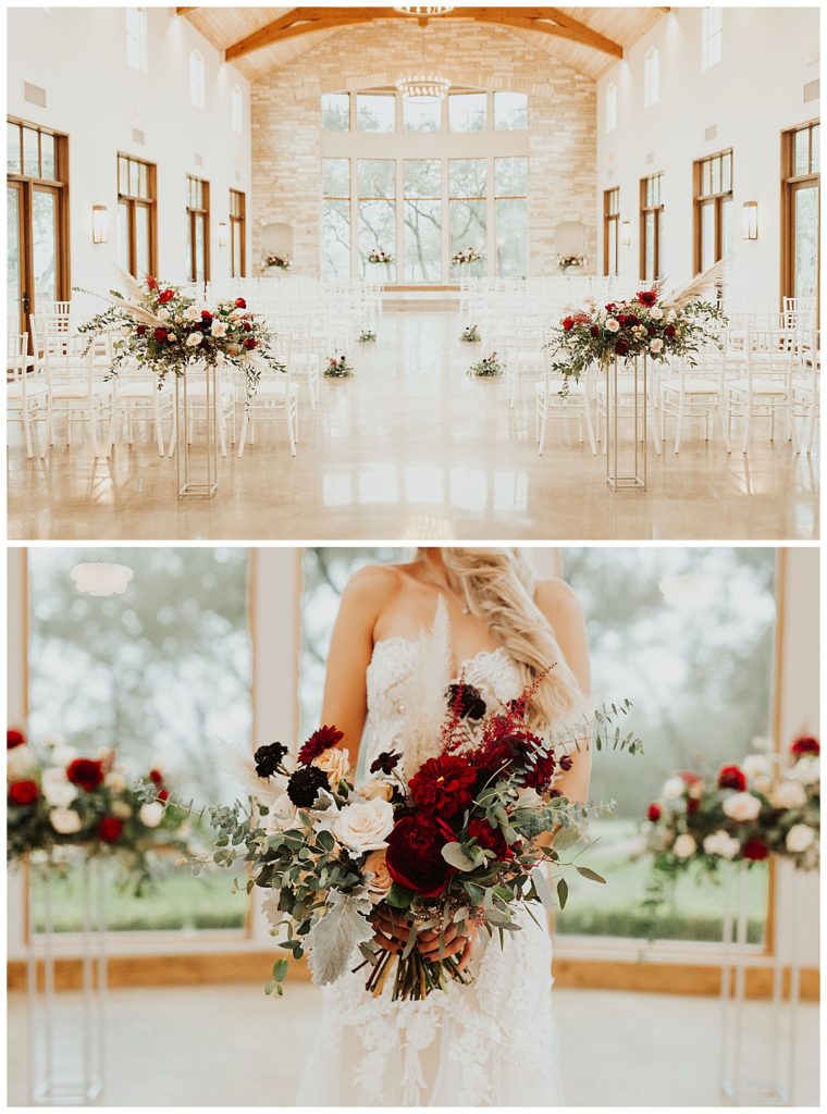 fall floral inside wedding chapel in Dripping Springs