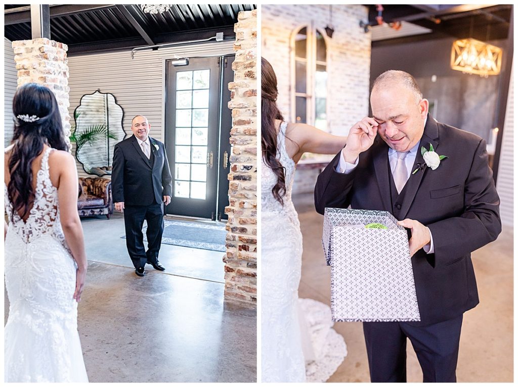 bride gives dad gift on wedding day