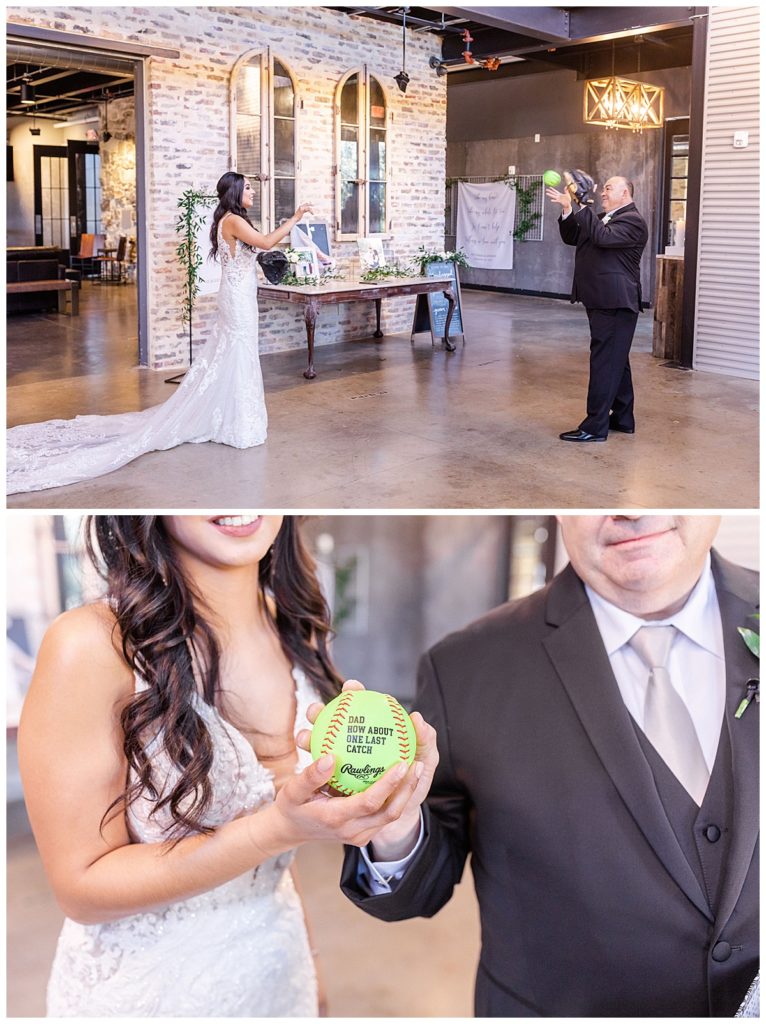 bride playing catch with father