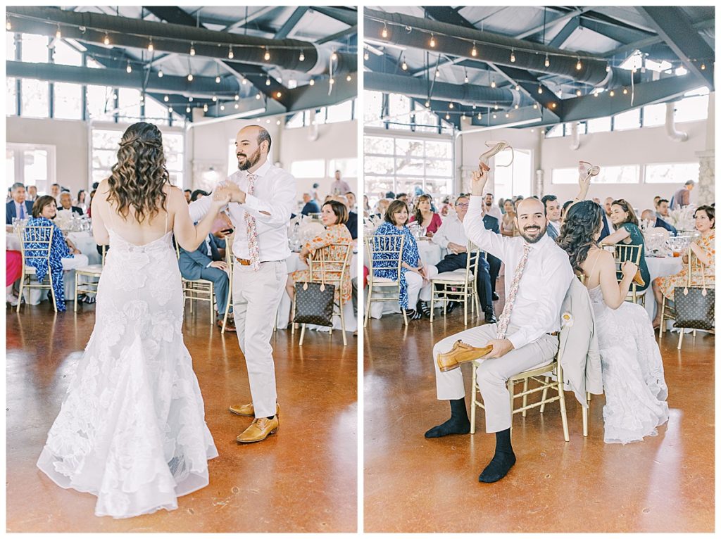 first dance and shoe game during brunch wedding