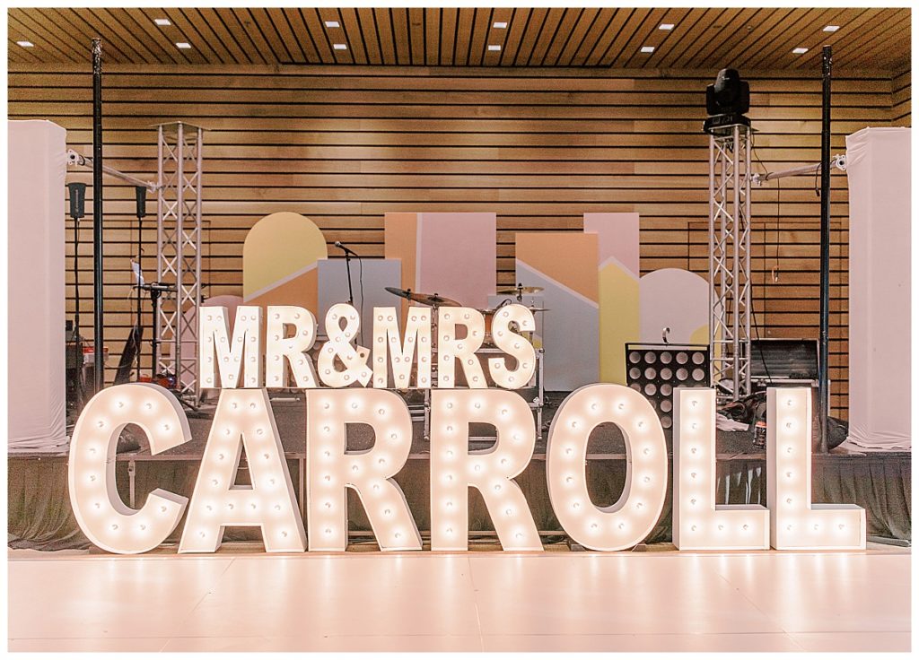 stage backdrop and light up wedding letters