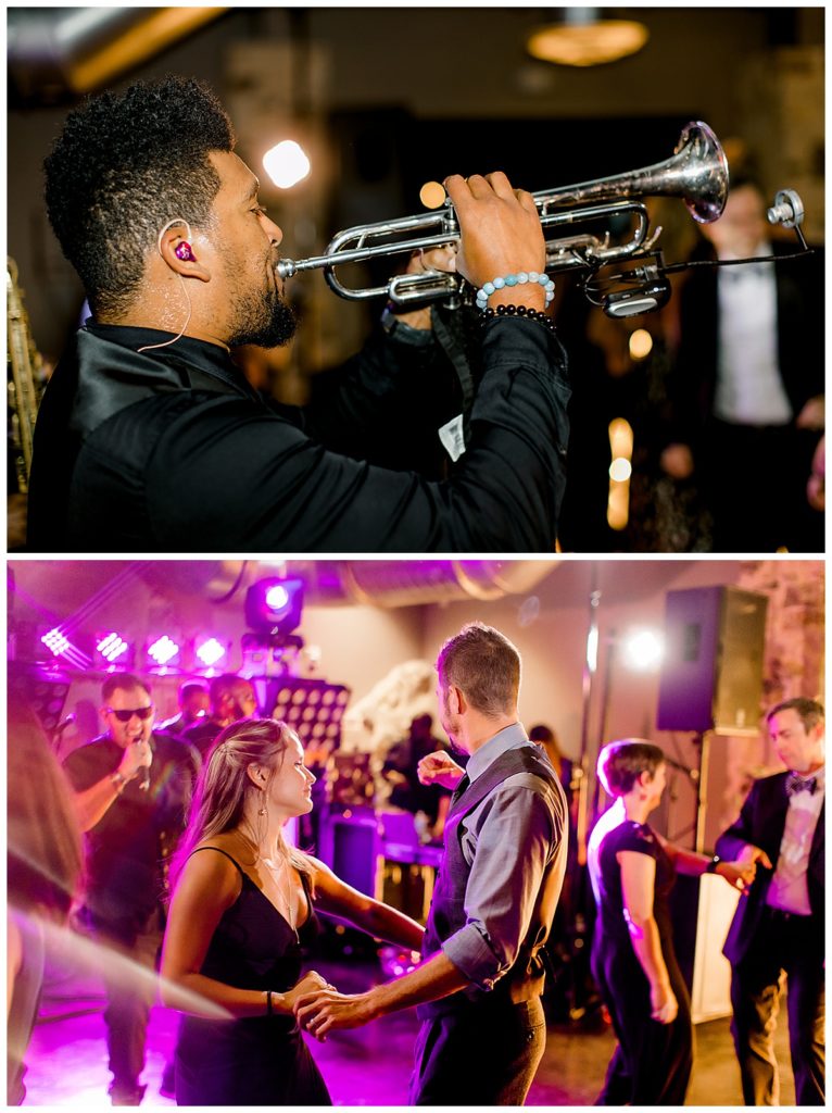 band member playing trumpet while guests dance at reception