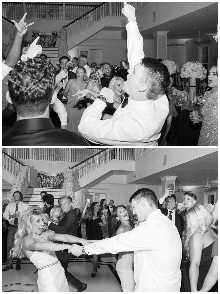 bride and groom dancing with guests during reception